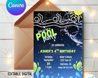 Editable Pool Party Birthday Invitation, Summer Birthday Party Invite, Pool Party Invitation, Poolside, Canva Template, Instant Download