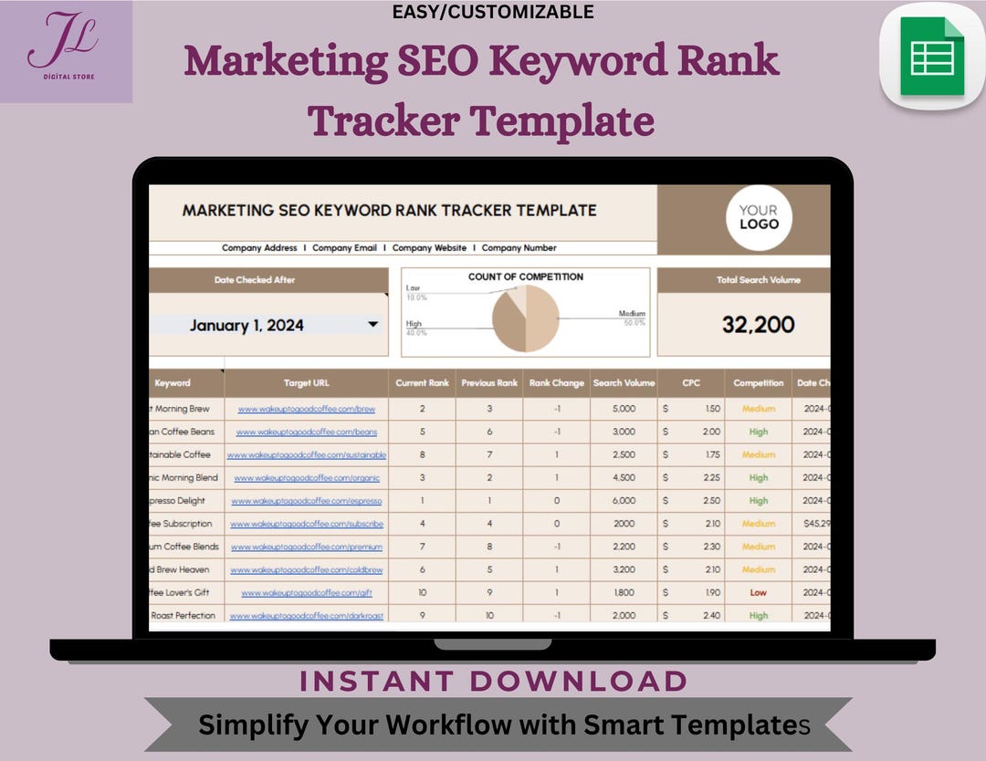 Keyword Ranking Sheet SEO Keyword Rank Tracker Template: Editable Google Sheets (digital ...