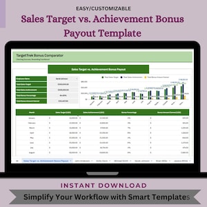 May include: A laptop screen shows a sales target versus achievement bonus payout template. The screen displays a spreadsheet with data, charts, and the text "Sales Target vs. Achievement Bonus Payout Template". The image also includes the text "Easy/Customizable" and "Instant Download".