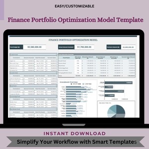 Op de afbeelding: Een laptopscherm dat een spreadsheet toont met de titel "Finance Portfolio Optimization Model". De spreadsheet toont gegevens in tabellen en grafieken, waaronder een cirkeldiagram. De tekst "EASY/CUSTOMIZABLE" en "INSTANT DOWNLOAD" is ook zichtbaar op het scherm.