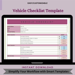May include: A digital template for a vehicle checklist. The template is displayed on a laptop screen and includes fields for vehicle information, driver information, odometer reading, and a checklist of items to inspect, such as exterior, interior, and under the hood. The template is customisable and can be downloaded instantly.