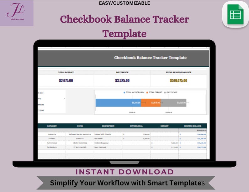 Checkbook Balance Tracker Template – Digital Download, Editable Google ...
