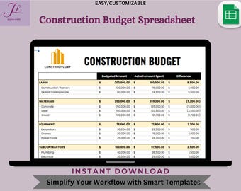 Construction Budget Spreadsheet: Editable Google Sheets Template (Digital Download)