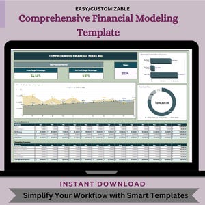 Op de afbeelding: Een laptop toont een financieel modelleringssjabloon met grafieken en datatabellen. Het scherm toont een dashboard met belangrijke statistieken, waaronder percentages en een cirkeldiagram. De tekst luidt "Comprehensive Financial Modeling Template" en "Simplify Your Workflow with Smart Templates."