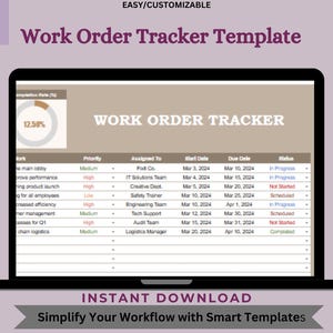 May include: A computer screen displaying a work order tracker template with a progress bar showing 12.50% completion. The template includes columns for priority, assigned to, start date, due date, and status. The template is labeled "Work Order Tracker".