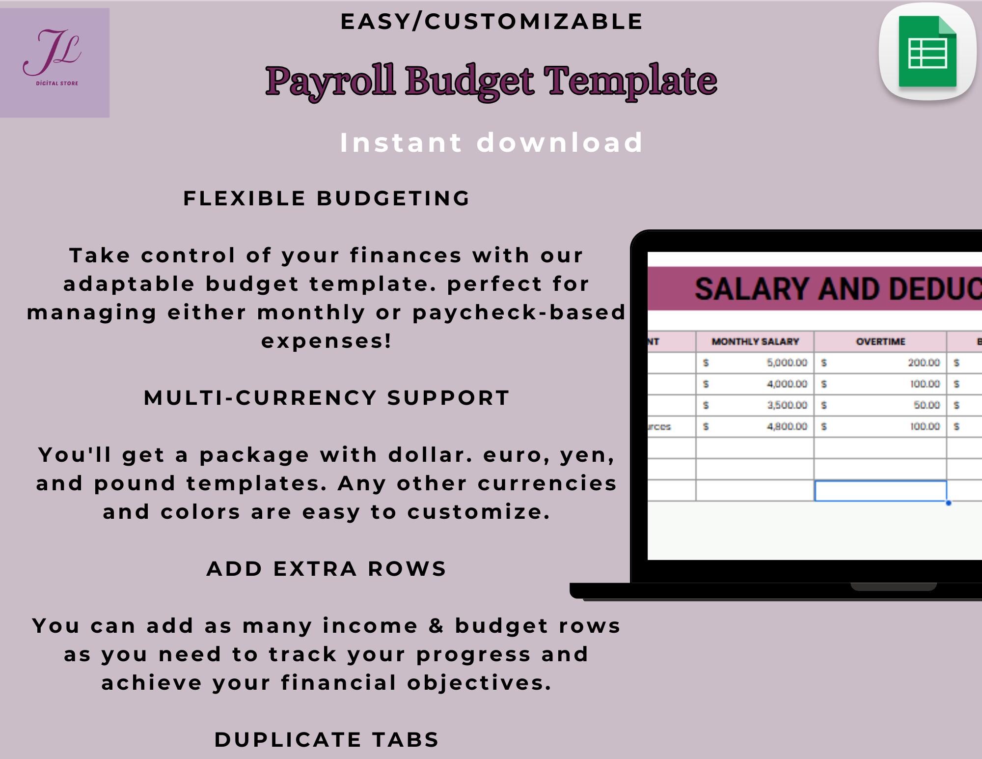 Payroll Budget Template – Digital Download, Editable Google Sheets for ...