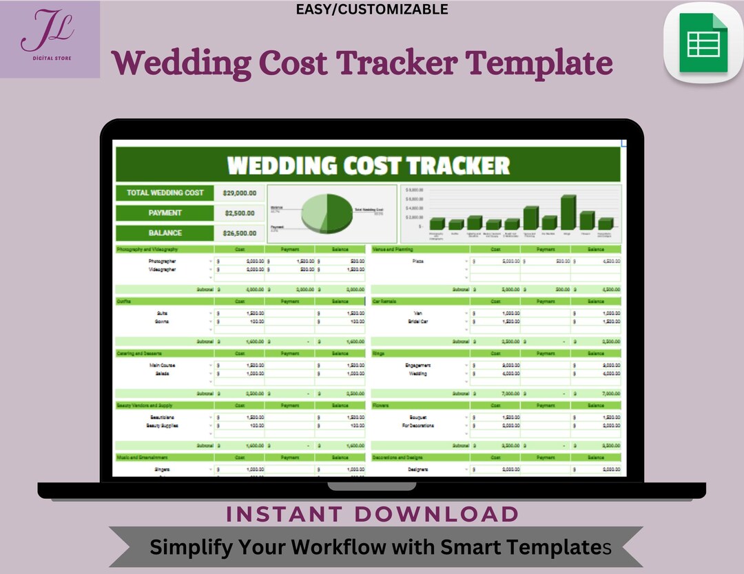 Wedding Cost Tracker Template – Digital Download, Editable Google ...