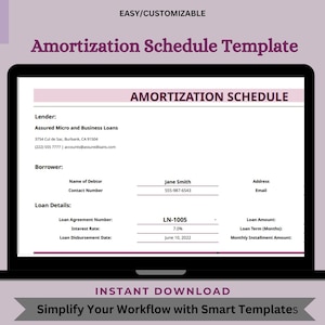May include: A laptop screen displaying a customizable amortization schedule template. The template includes fields for lender, borrower, loan details, and monthly installment amount. The text "Amortization Schedule Template" is displayed at the top of the screen.
