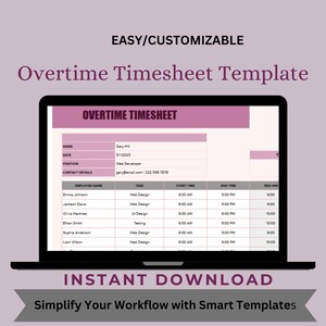 Overtime Timesheet Template for Google Sheets, Editable Digital Download, Easy-to-Use Time Tracker