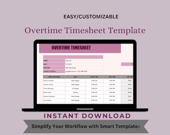 Overtime Timesheet Template for Google Sheets, Editable Digital Download, Easy-to-Use Time Tracker