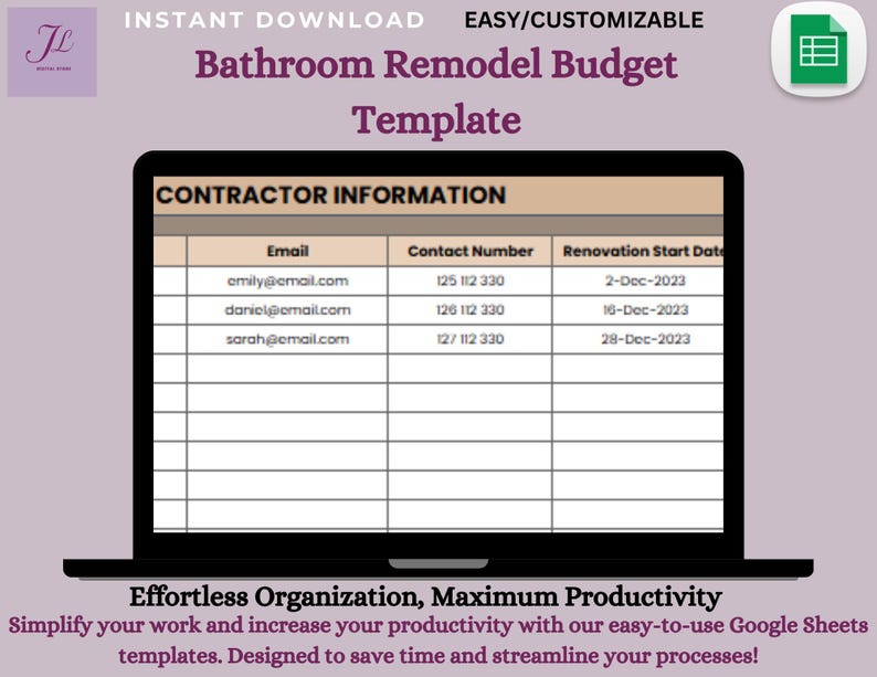 Bathroom Remodel Budget Template – Digital Download, Editable Google ...