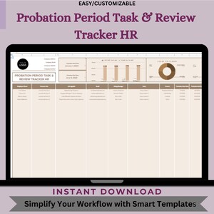 Może przedstawiać: Ekran laptopa wyświetlający szablon arkusza kalkulacyjnego do śledzenia okresów próbnych. Arkusz kalkulacyjny zawiera sekcje dotyczące informacji o pracowniku, zadań, ocen i wskaźników wydajności. Szablon nosi tytuł "Probation Period Task & Review Tracker HR".