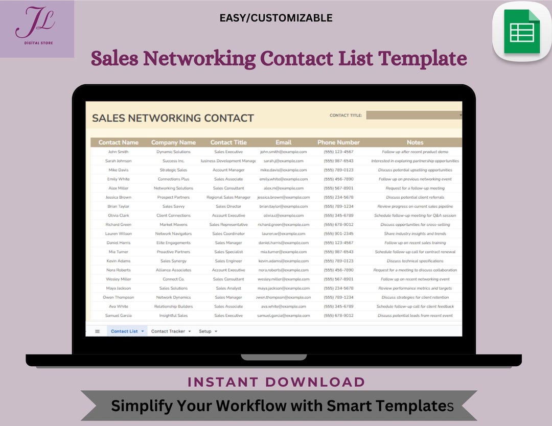 Sales Networking Contact List Template: Google Sheets CRM (digital ...