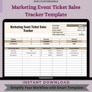 Trackersjabloon ticketverkoop marketingevenement, bewerkbare Google Spreadsheets, digitale download, gebruiksvriendelijk ticketlogboek