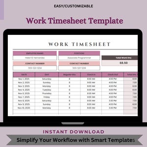 Work Timesheet Template – Digital Download, Editable Google Sheets for Employee Time Tracking & Payroll Management
