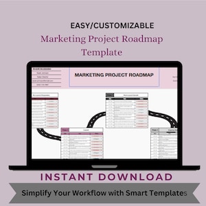 Könnte beinhalten: Ein Laptop zeigt eine "Marketing-Projekt-Roadmap-Vorlage" mit einem Workflow-Diagramm. Der Bildschirm zeigt eine rosa und weiße Tabelle mit Text. Die Wörter "EASY/CUSTOMIZABLE" und "INSTANT DOWNLOAD" sind ebenfalls sichtbar.