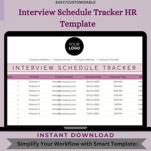 May include: A laptop screen displaying a spreadsheet template for an interview schedule tracker. The template includes columns for name, position, contact number, interview date, interview time, and interviewer. The template is titled "Interview Schedule Tracker HR Template".