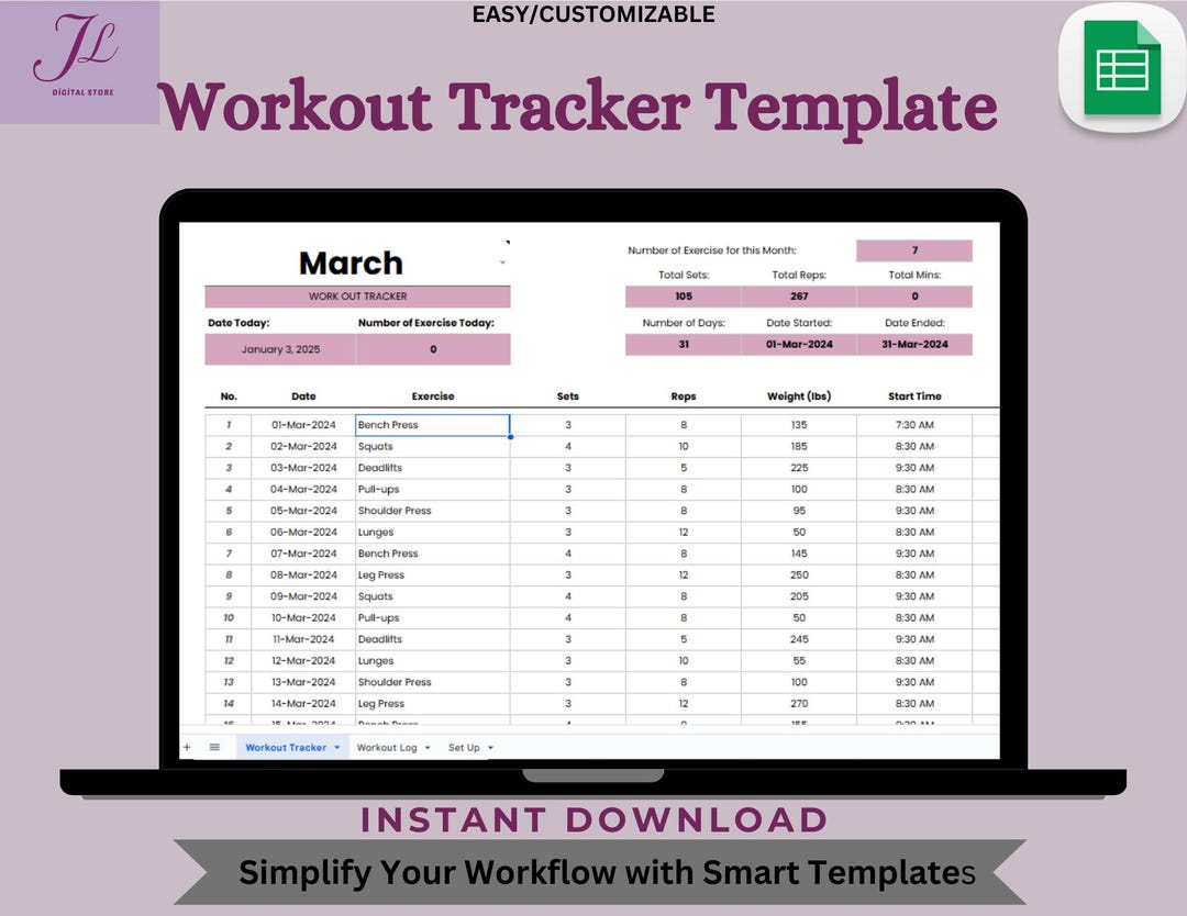 Workout Customizable Tracker Workout Tracker Template, Digital Download, Editable Google Sheets ...