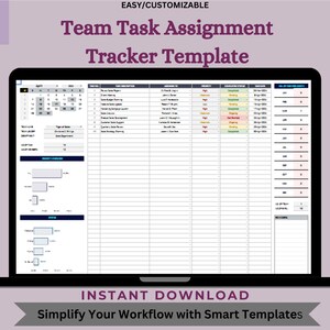 Puede incluir: Una plantilla digital de seguimiento de asignación de tareas en equipo que se muestra en una pantalla de portátil negra. La plantilla incluye un calendario, detalles del proyecto e indicadores de estado. El texto en la pantalla dice "Team Task Assignment Tracker Template" y "Simplify Your Workflow with Smart Templates."