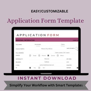 Puede incluir: Una pantalla de computadora que muestra una plantilla de formulario de solicitud personalizable. El formulario incluye campos para información personal como nombre completo, lugar de nacimiento, dirección completa, estado civil, nacionalidad, religión, correo electrónico y género. El texto "APPLICATION FORM" se muestra en un rectángulo rosa en la parte superior de la pantalla.