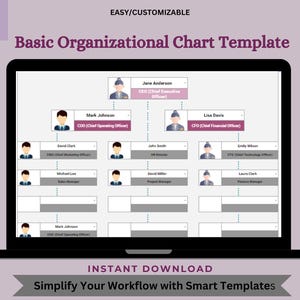 May include: A laptop screen shows a basic organizational chart template. The chart includes employee names and titles, with the text "Basic Organizational Chart Template" at the top. The words "Easy/Customisable" and "Instant Download" are also visible.