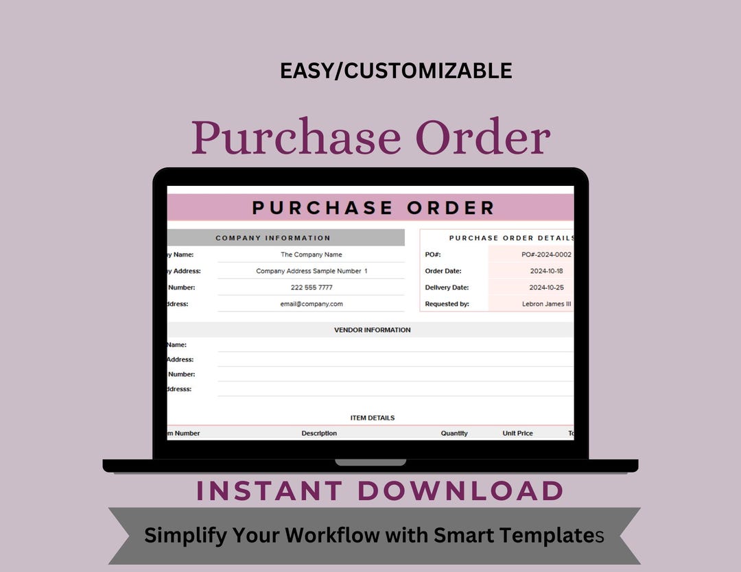 Purchase Order Template for Google Sheets, Order Form, Simple Order ...