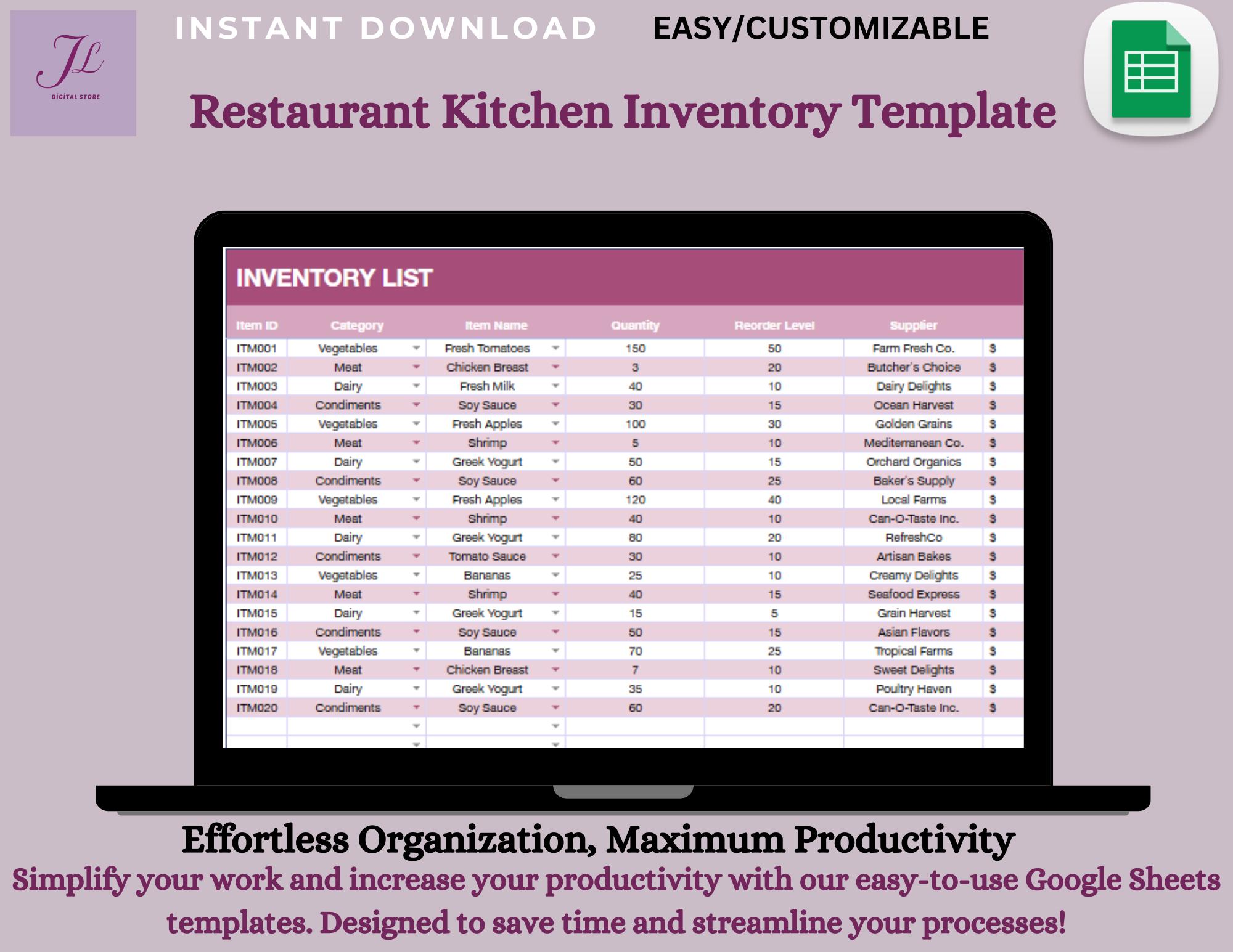 restaurant kitchen inventory template, digital... Restaurant Kitchen Inventory Template – Editable Google Sheets, Digital ...