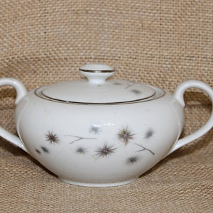 Creative Fine China Platinum Starburst Sugar Bowl with Lid, Mid Century, Atomic Age, Gray Spiked Blossom, Made in Japan, Curl Handle, Kitsch