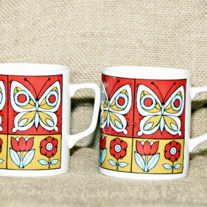 Butterfly Floral Mugs, Set of 2, Pair, Psychedelic, Red and Yellow, Tulip, Daisy, Hippie, Groovy, Made in Japan, 1970s, Coffee, Tea, Kitsch