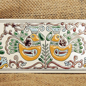 Funky Bird Pair Tile, Knossos LTD, Katsidoniotis Bros, Made in Greece, Hand Painted, Folk Art, Trivet, Plaque, Yellow, Green, Blue, Kitsch