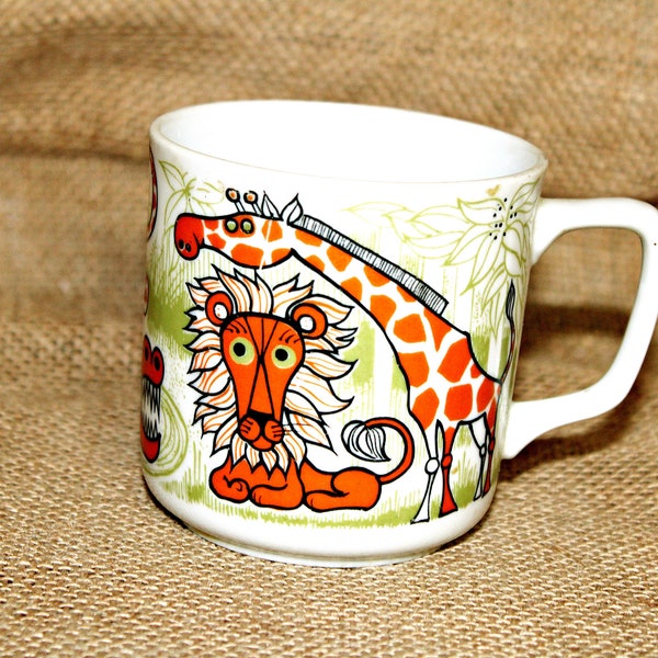 Zoo Animal Mug, Lion, Giraffe, Cheetah, Alligator, Zebra, Crocodile, Orange, Green, Tropical, Whimsical, Jungle Critter, Comic Style, Kitsch