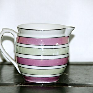 Pink and Green Striped Creamer, 3 Inch Tall, Made in Czechoslovakia, Mid Century, Platinum Bands, Platinum Rim, Delicate, Cottage Chic