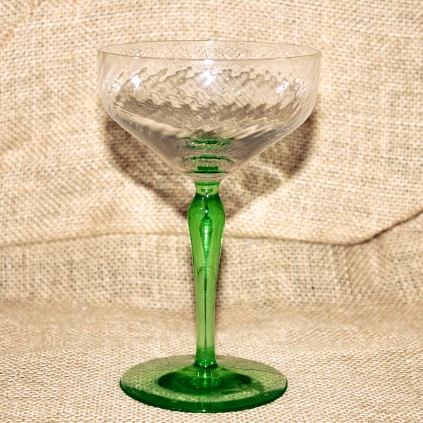 Uranium Glass Footed Martini Glass, Swirl Design, Glowy Glass, Glows, 20th Century, Collectible, Decorative, Black Light Reactive, Kitsch