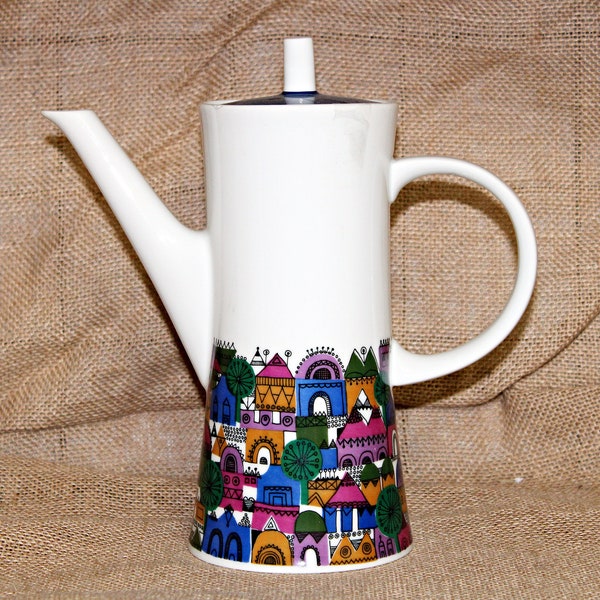 Melitta Village Scene Coffee Pot, Made in Germany, Mid Century, Colorful, Multi-Color, Blue Lid, Whimsical, Buildings, Trees, Coffee, Kitsch