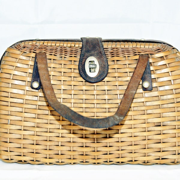 Woven Wicker Handbag, Leather Strap and Trim, Top Handle, Made in British Hong Kong, 1950s, Fabric Interior, Summer, Day Purse, Kitsch Style