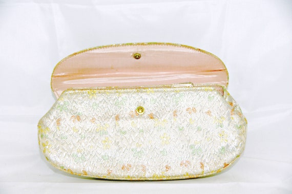 Yellow Floral Fabric Purse, Gold Handle, Satin In… - image 9