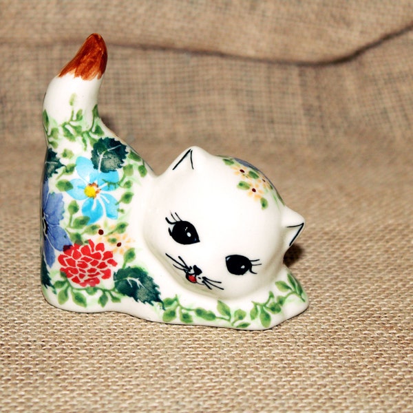 Kalich Ceramika Cat Figurine, Boleslawiec, Floral, Made in Poland, White, Kitty, Hand Made, Hand Painted, Feline, Collectible, 1980s, Kitsch