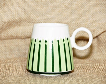 Green Striped MCM Mugs, Circle Handle, Arrows, Multi Color, Rocket, Unusual Shape, Japan Label, Mid Century, Atomic Age, Coffee, Tea, Kitsch