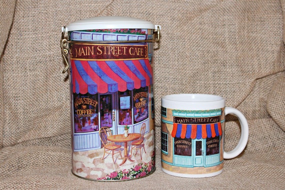 Main Street Cafe Coffee Tin and Mug Set, Street Scene, Coffee Shop, BI Inc,  Striped Canopy, Sidewalk Setting, Lamp Post, Peaceful, Kitsch - Etsy