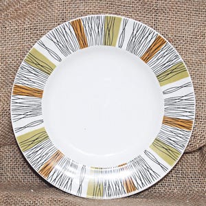 Midwinter Sienna Snack Plate, Bread Plate, Salad Plate, Fall Colors, Stripes, Queensberry, Jesse Tait, Staffordshire, Green, Orange, Kitsch