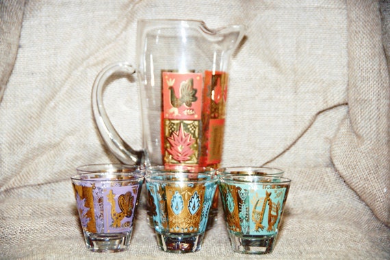 Funky MCM Martini Set, Pitcher, 6 Glasses, Purple, Green, Blue, Orange,  Gilded Design, Birds, Leaves, Trees, Atomic Age, Cocktails, Kitsch 