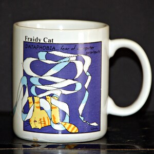Fraidy Cat Computer Mug, Dataphobia, Byteophobia, Purple Mug, Computer Geek, Orange Tabby, Hallmark Mug, Cat Mug, 1980s, Nerd Humor