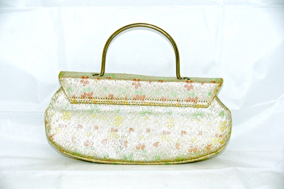 Yellow Floral Fabric Purse, Gold Handle, Satin In… - image 2