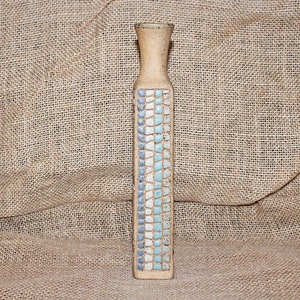 Art Pottery Faux Mosaic Vase, Artist Signed, Netty, Blue, Gray, White, Brown, Natural, Unglazed Areas, Studio Pottery, Tall, Narrow, Kitsch