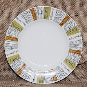 Midwinter Sienna Snack Plate, Bread Plate, Salad Plate, Fall Colors, Stripes, Queensberry, Jesse Tait, Staffordshire, Green, Orange, Kitsch