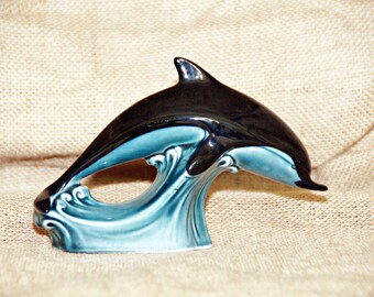 Poole Pottery Blue Dolphin, Small, Aqua and Black, Jumping, Wave, Classic Glaze, Made In England, Stoke On Trent, Staffordshire, Collectible