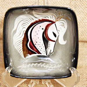 Sascha Brastoff Horse Head Trinket Dish, Signed, Gray, Black Trim, White Horse, Small Tray, MCM, Mid Century, Art Pottery, Stylized, Kitsch