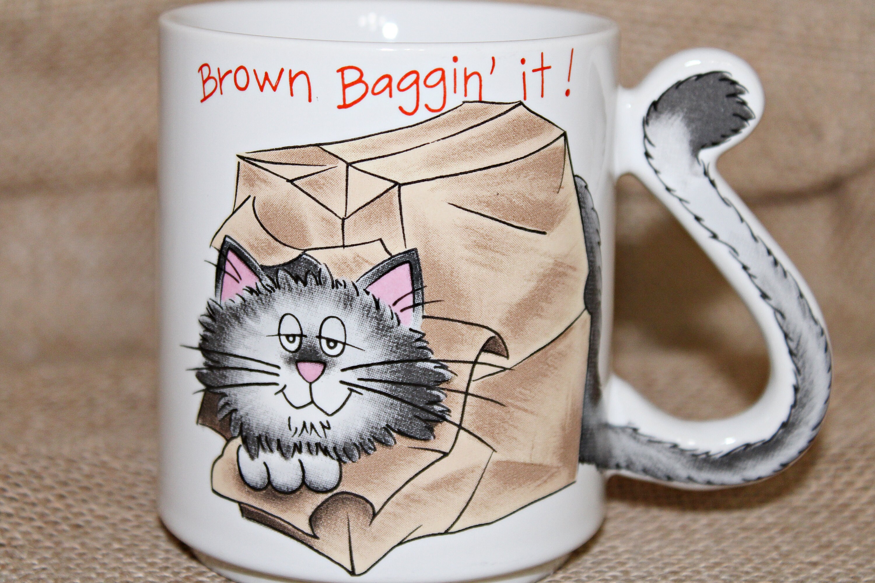 Mount Clemens Cat Mug, Brown Baggin It, Tail Handle, Made in Japan
