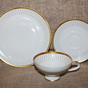 Seltmann Weiden Bavaria Snack Set, Art Deco, Gray and Gold, Made in Germany, Gilded Trim, 3 Piece Set, Footed Cup, Geometric Design, Kitsch