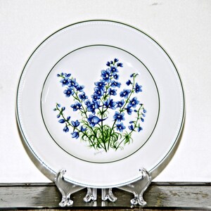 AK Kaiser Rhododendron Salad Plate, 7 Inch, Made In West Germany, Signed D Hague, Green Band Rim, Blue, Purple, Floral, 1970 to 1990, Kitsch